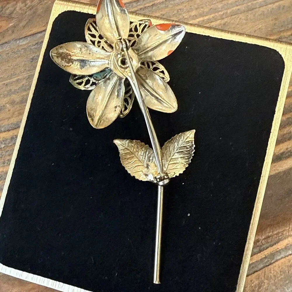 Vintage Enamel Metal Filigree Flower Brooch Yellow, Orange, Green Colors